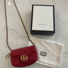 This Purse Was Used One Time!! It’s In Brand New Condition! I’m Selling Because The Purse Hangs Longer On Me Than I Want. There Is Not A Scratch Or Flaw Inside Or Outside! Gucci Mini Marmont Bag, Red Designer Bag, Gucci Gg Marmont Matelasse, Gucci Marmont Bag, Dream Bags, Bags Gucci, Gucci Marmont, Gucci Gg Marmont, Gg Marmont