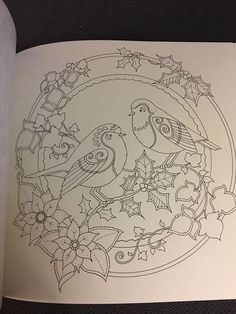 a coloring book with two birds and holly decorations