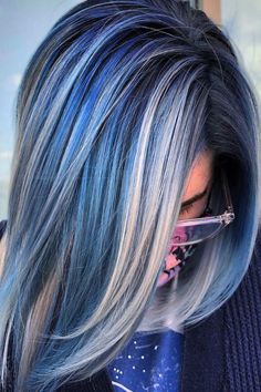Blue Balayage Blonde, Grey Hair With Blue Highlights, Fun Color Hair, Funky Hair Color Ideas, Fun Hair Color Ideas For Brunettes, Indigo Hair Color, Silver Blue Hair, Blue Grey Hair, Blue Hair Highlights