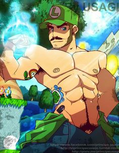 a man with no shirt holding a baseball bat in his right hand and wearing a green hat