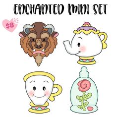 three teapots with animals on them and the words enchanted main set