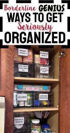 an organized pantry with clear bins and labels on the bottom shelf, labeled'bordering genius ways to get seriously organized '