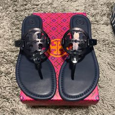 Brand New Tory Burch Navy Blue Miller Sandals Leather Never Worn Please Note That The Tb Symbol On The Sandals Used To Be Rainbow / Patent, I Had Commissioned A Cobbler To Pint Matte Navy Blue Using Authentic High Quality Angelus Navy Blue Leather Paint To Get A Monochrome Look. Sandals Are Being Sold As Is. Size 7.5 Will Ship With Original Box. Excellent New Condition. Can Be Gifted As Well. Tory Burch Sandals Outfit, Black Tory Burch Sandals, Tory Burch Slides, 2010s Aesthetic, Navy Blue Sandals, Tory Burch Flip Flops, Diy Clothes And Shoes, Woven Sandals, Tory Burch Sandals