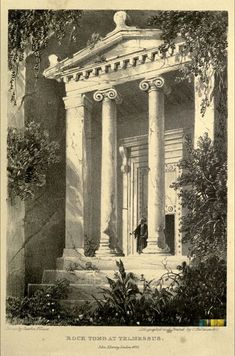 an old black and white drawing of a man standing in front of a building with columns