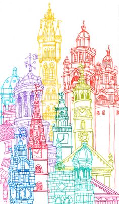 an image of colorful city buildings in the day and night time drawing with colored pencils