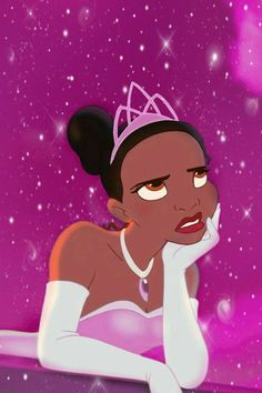 an animated image of a woman wearing a tiara and holding her hand to her face