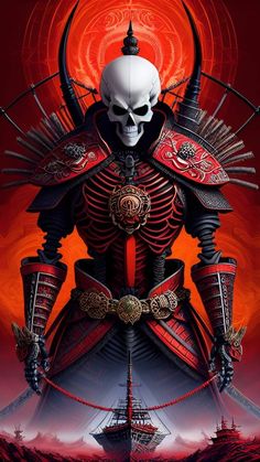 a skeleton wearing armor and holding two swords in front of a red background with an orange sun