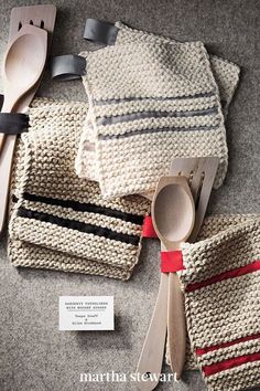 the kitchen utensils are laid out on the floor next to the dishcloths