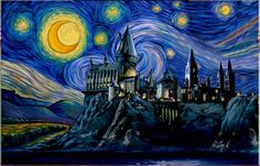 a painting of hogwart's castle in the starry night