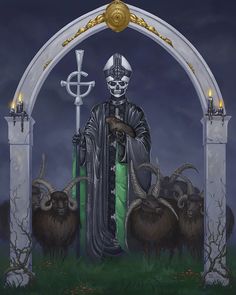 a painting of a skeleton standing in front of an arch with horned animals around it