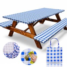 a picnic table with blue and white checkered cloth on it, next to a bag