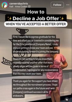 a woman in a pink dress standing next to a sign that says how to decline job offer