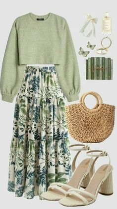 #summer #spring #fashion #aesthetic #green #bag #books #floral Lds Outfits, Florist Outfit, Spring Fashion Aesthetic, Modest Christian Clothing, Movie Bloopers, Modest Outfit Inspo, Modest Casual Outfits, Modesty Outfits, Cute Modest Outfits