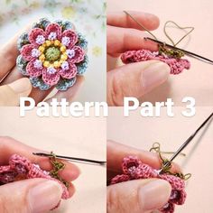 crocheted flower being worked on with knitting needles