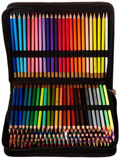 a black case filled with lots of colored pencils