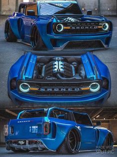 three different views of the front and back of a blue sports car with chrome wheels