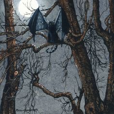 a bat hanging from the side of a tree in front of a moon filled sky