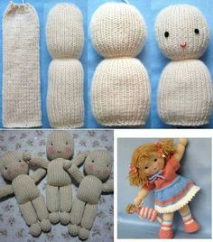 several knitted dolls are shown in different stages of development, including one doll and the other