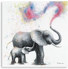 an elephant and its baby are standing in front of colored powder sprinkles