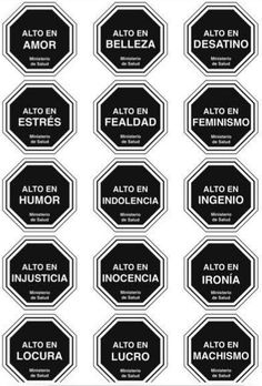 twelve black and white labels with spanish words