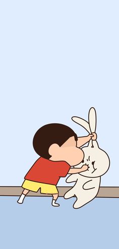 a cartoon character kissing a bunny on the nose with another person standing next to it