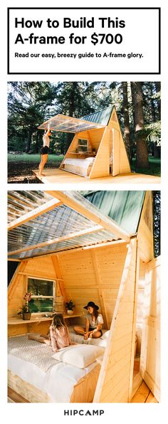 two pictures showing how to build this a frame cabin for $ 70 with instructions on the side