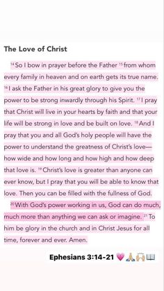 the love of christ is written in pink and white