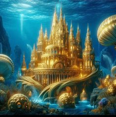 an underwater castle surrounded by sea creatures