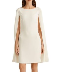 Lauren Ralph Lauren Cape Overlay Dress Ralph Lauren Cape Dress, Cape White Dress, Mm2 Outfits, Cape Dress Short, Ralph Lauren White Dress, Ralph Lauren Wedding, Winter Graduation, One Shoulder Cape, Executive Dress