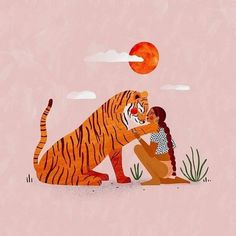 a woman kneeling down next to a tiger on top of a pink surface with the moon in the background