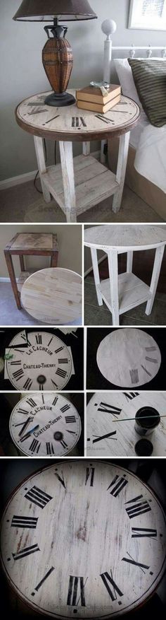 several different pictures of an old coffee table with roman numerals painted on it