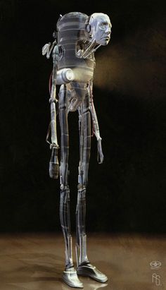 a metal robot standing on top of a wooden floor next to a black wall and brown floor