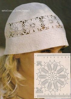 a woman wearing a white hat with crochet on the front and back side