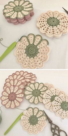 crocheted flower potholders are shown with scissors