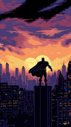 the silhouette of a batman standing on top of a tall building in front of a city skyline