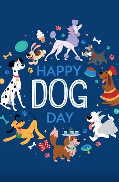 the words happy dog day are surrounded by cartoon dogs