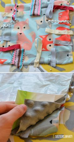 two pictures showing how to fold fabric with scissors and other sewing supplies on top of it