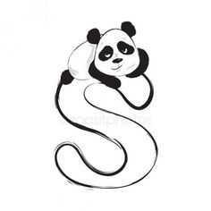 a panda bear sitting on top of a tree branch with the letter s in it's mouth