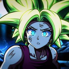 a cartoon character with green hair and blue eyes