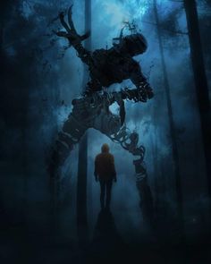 a person standing in the middle of a forest with an animal sculpture on it's back