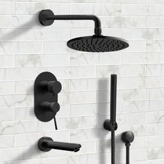 an image of a bathroom setting with shower head and hand shower faucet in black
