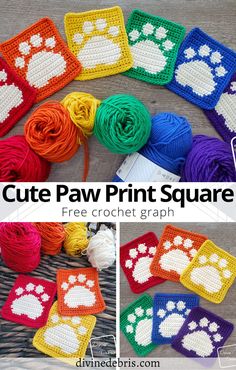 crochet paw print square is shown with yarn