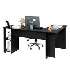 an office desk with a computer monitor and keyboard on top of it, in front of a white background