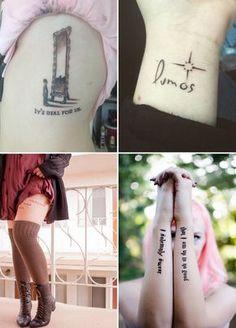 four different pictures with tattoos on their arms and legs, including one that says i've seen you