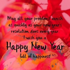 a happy new year greeting card with red ribbon and ornaments on pink background, text reads may all your problems finish as quickly as your new year's resolution