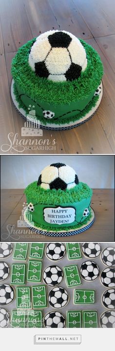 there is a cake with soccer balls on it