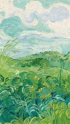 a painting of green grass and blue sky with clouds in the background