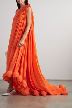 EXCLUSIVE AT NET-A-PORTER. Inspired by Lanvin's archives, this gown falls to reinforced ruffles at the asymmetric hem that cascade beautifully, creating unexpected dimension and plenty of drama. It's made from vibrant orange charmeuse that drapes effortlessly from the one-shoulder neckline and is gathered to enhance the loose silhouette. Wear yours with gold jewelry and a bright clutch. Loose Gown, Charmeuse Gown, Orange Gown, Pinterest Predicts, Simply Orange, Charmeuse Dress, Ethereal Dress, Shoulder Ruffle Dress, Guest Attire