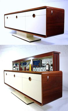 two side by side images of a cabinet with wine glasses on top and an empty bottle in the bottom