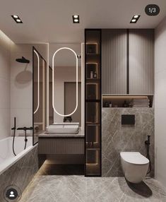 a bathroom with a toilet, sink and bathtub next to a mirror on the wall